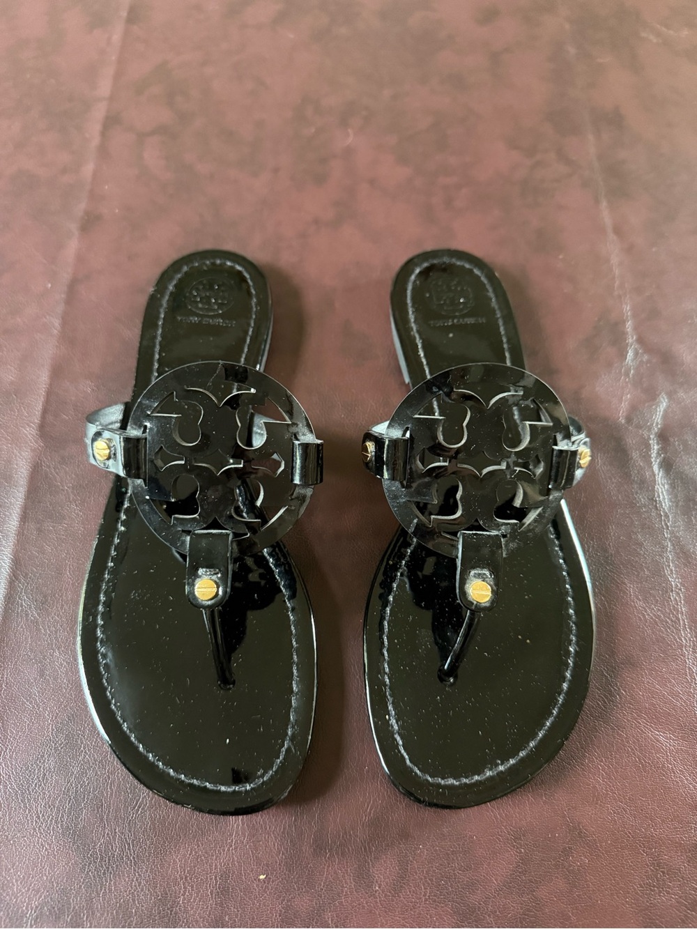 Tory Burch Black Patent Logo Thong Sandals